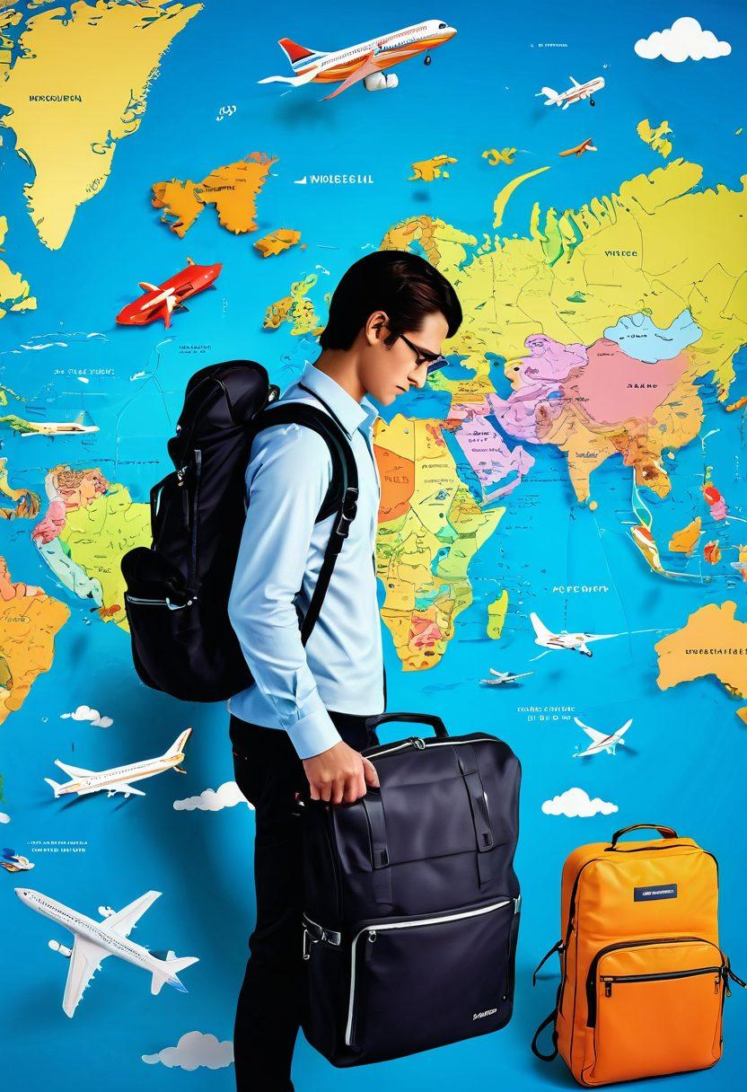 A scenic, overlaid world map dotted with colorful airplane icons, showcasing various budget flight routes. Include a traveler with a backpack examining the routes closely, surrounded by travel essentials like a camera and a notebook. The atmosphere feels adventurous and inspiring, hinting at affordability and exploration. Vibrant colors. 3D elements.