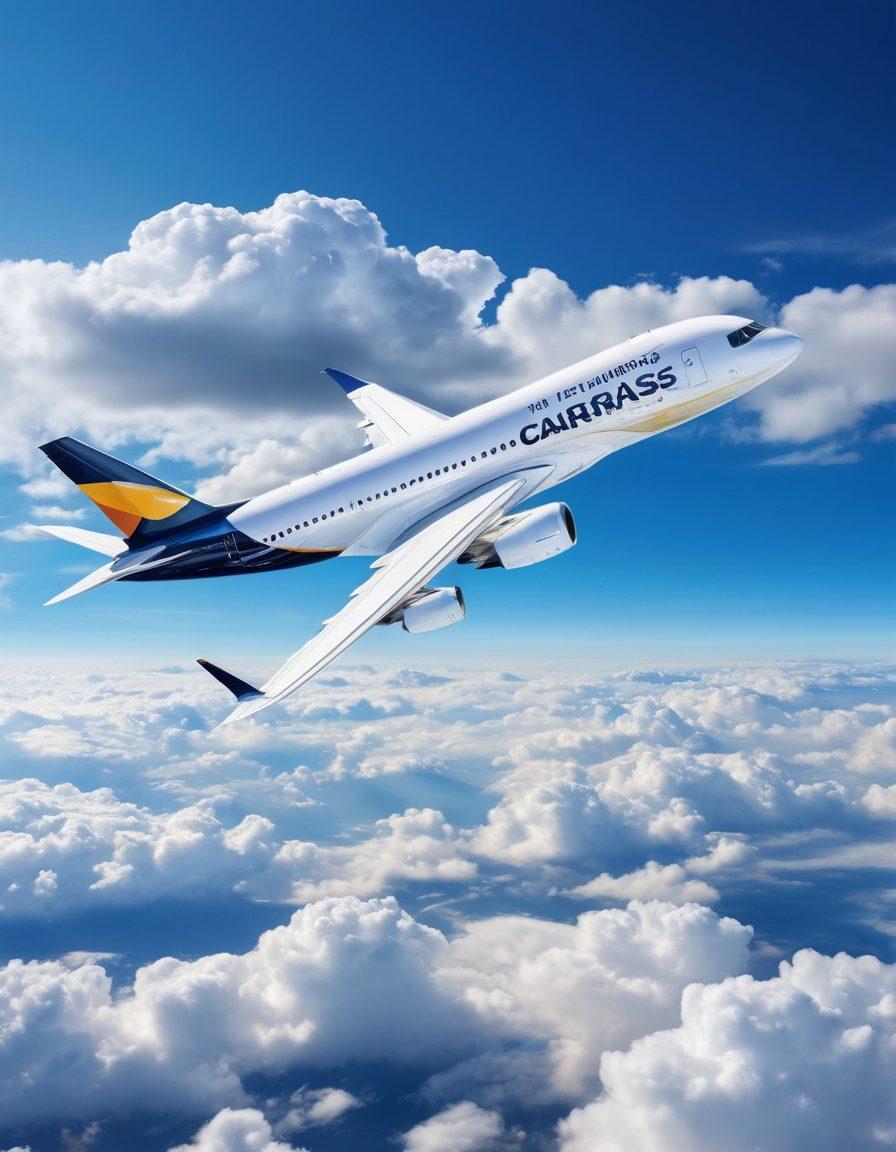 A soaring jet against a vibrant blue sky, with fluffy white clouds surrounding it, symbolizing the concept of affordable jet travel. Below the jet, a scenic landscape with hints of diverse cities, suggesting destinations that GoJet Airways explores. Incorporate elements of adventure and excitement, like a suitcase with travel stickers and a glowing 'Unlocking the Skies' sign. The image should feel inviting and budget-friendly, inspiring wanderlust. super-realistic. bright colors.