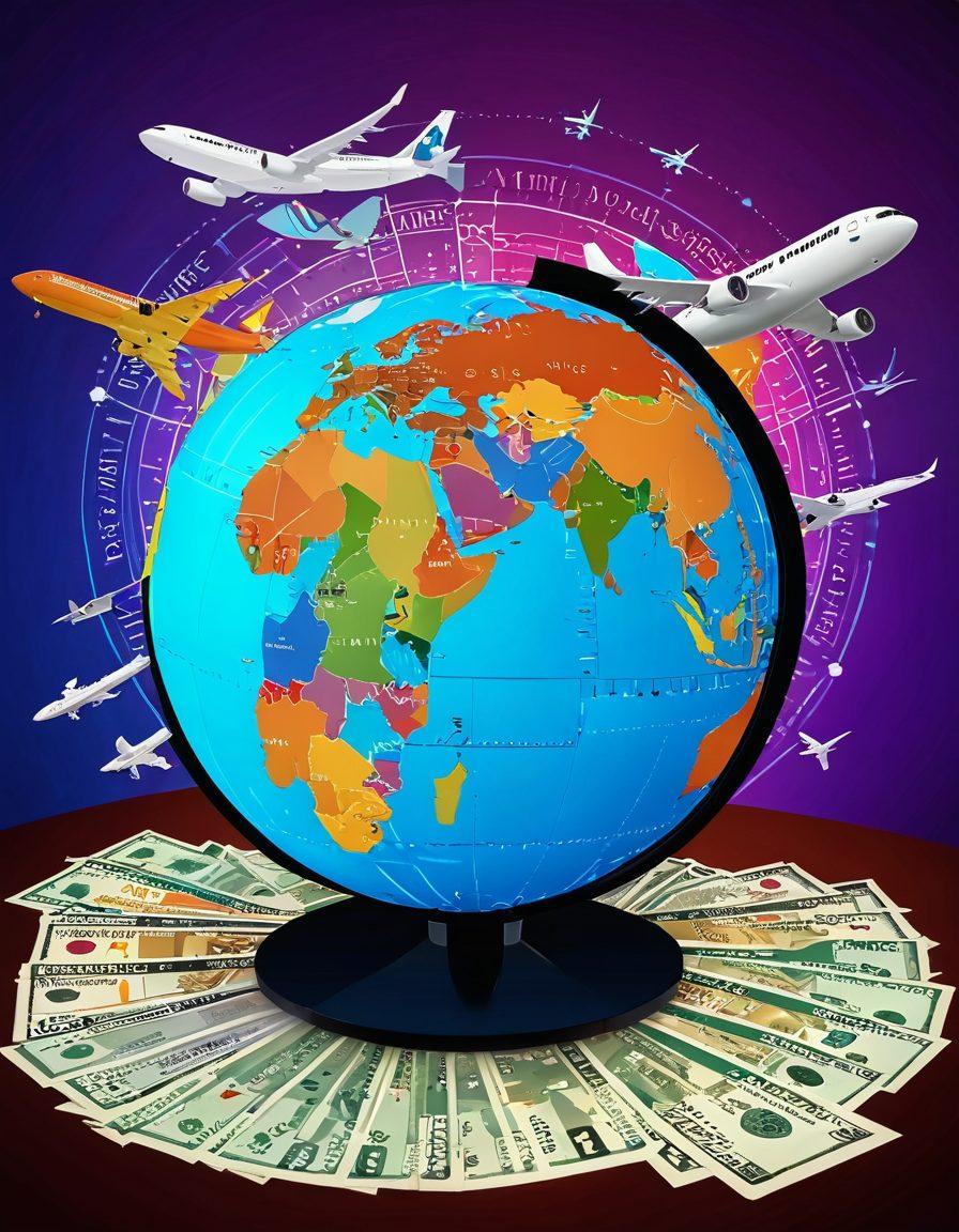 A globe with an airplane flying across it, surrounded by various airline tickets displaying different prices. In the background, a digital display board showing fluctuating airfare prices and destinations. Include elements like a compass and dollar signs to symbolize navigation and savings. The atmosphere should convey excitement and adventure. vibrant colors. digital art.